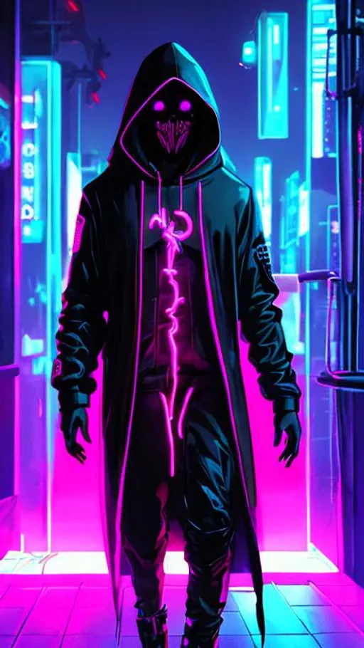 Prompt: Quality, hooded figure, selling their soul, neon lighting, 8k, cyberpunk