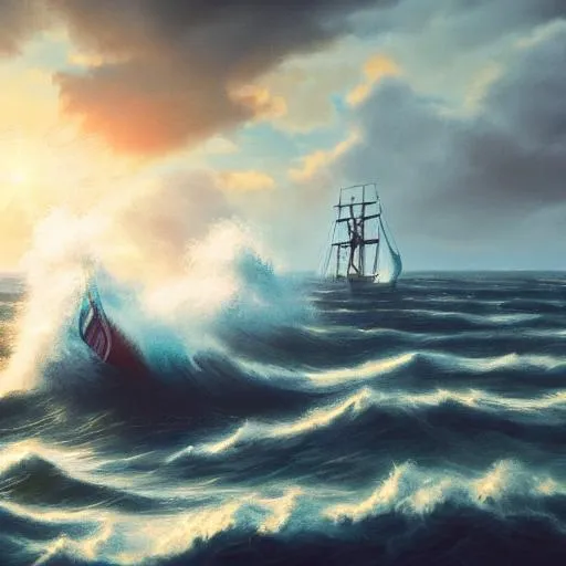 Prompt: ship at sunup, choppy waves, realistic, battle