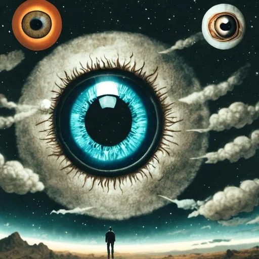 Prompt: A giant eye set of piercing white eyes in space looking down on a lone man on a hill
