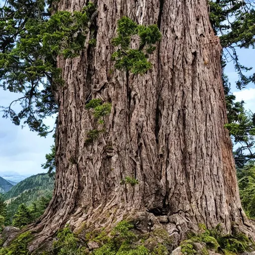 Prompt: A big tree that is sitting on a edge on a mountain