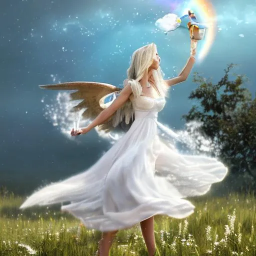 Prompt: A white  pretty girl angel with a clear pretty face on a cloud with a water can  pouring out a a rainbow down into a meadow . this has to be extremally detailed  and clear, and have very bright colors . And the girl is riding on a unicorn 