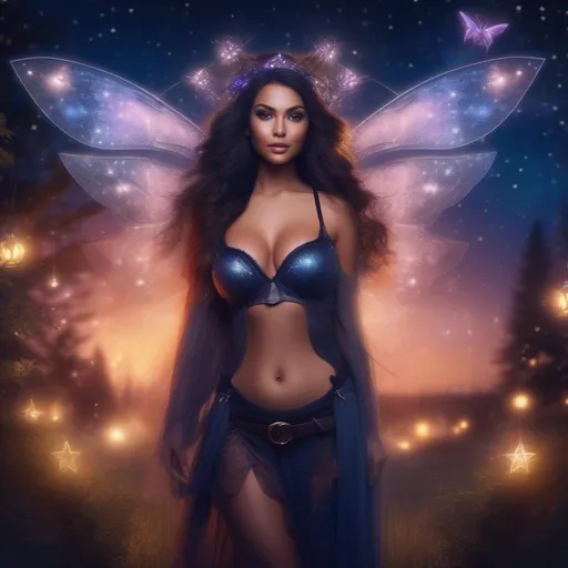 Prompt: Hyper realistic, Gorgeouse full body image of buxom woman in a skimpy, fairy style, witch's outfit at night with fairies flying around on a breathtaking night with a stunning night sky