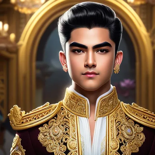 Prompt:  Oil Painting of A very handsome young, round face, thick eyebrows, big lipsLittle black tennage boy Prince Charming wearing casual outfit and diamond crown. Dressed in a white and gold highly ornate royal clothing with a lotus flower. Epic perspective. Digital art. Masterpiece quality. Fantasy art. Hyper detailed. Lens flares.