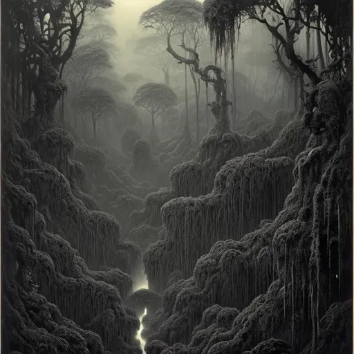Prompt: monochrome, H.R. Geiger, beksinski, floatinging rainforest jungle, dense, hellish, monsters, trees, lava