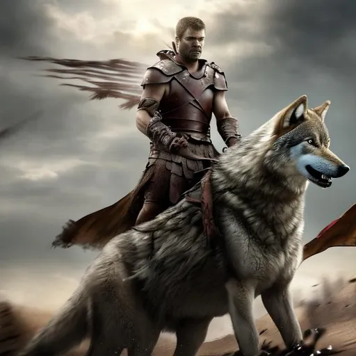 Prompt: Riding a wolf into the battle of spartacus