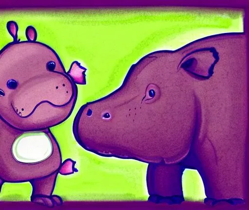 Prompt: cute hippo talking to mother Bella about why her ears are so small, child book drawing, trending on artstation