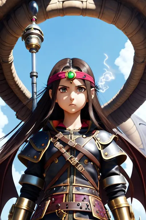 Prompt: Dragon Quest art (((((art by banksy))))), Naomi Scott, 1girl, long brown hair(((exoskeleton))), (((exhaling steam))), glaring, virtual eyes, wearing tribal cueitl, everything flowing, shield, surreal, (((whimsical))), (((octane render))), ((vfx)), (detailed face and eyes)