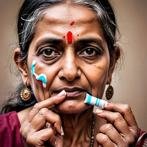 Prompt: Mid aged sad indian lady with toothpaste on her fingertip