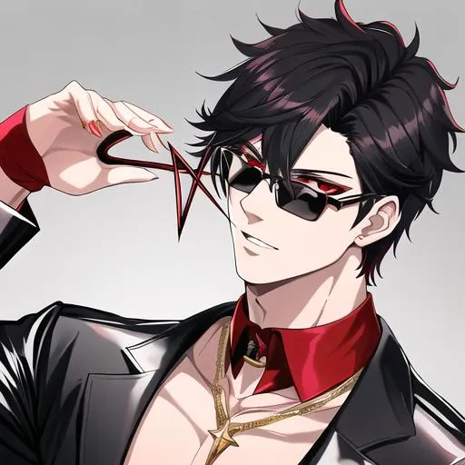 Prompt: Damien (male, short black hair, sharp and sassy red eyes), highly detailed face, 8K, Insane detail, best quality, UHD, handsome, flirty, muscular, Highly detailed, insane detail, high quality. black sunglasses resting on his head, gold jewelry, movie star, hollywood, he has a pentagram tattoo on his arm,,
