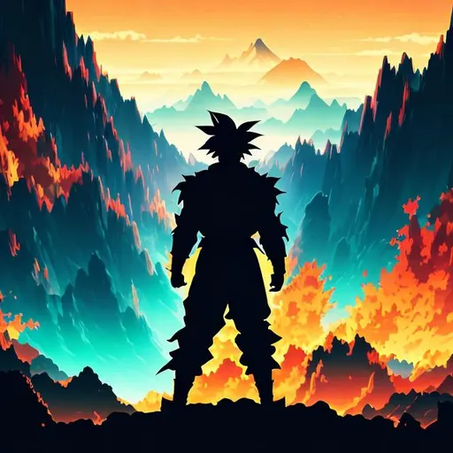 Prompt: High quality illustration of Goku, dark palette colors,  amazing digital art,view from back, Goku silhouette in middle, high definition,8k, sharp focus, dragon , beautiful landscape, artsation, light exposure, midjourney style, modern