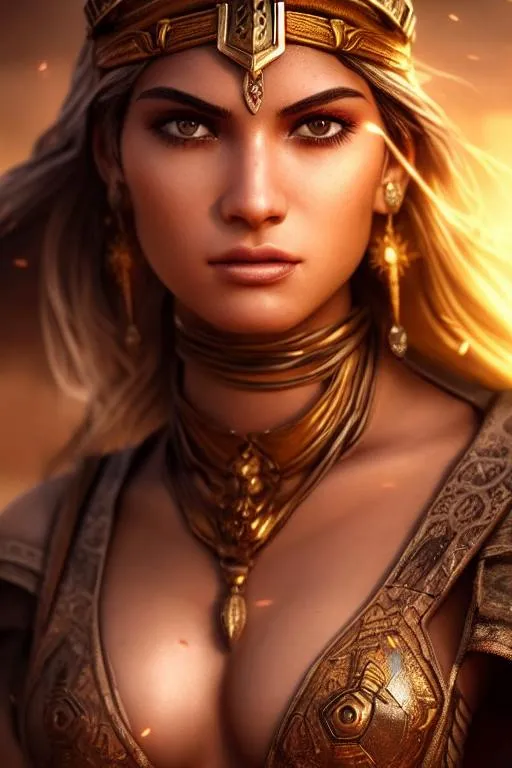 Prompt: Desert warrior, beautiful detailed face, action pose, highest quality, clear focus, deep color, illustration, complementary colors, soft glow, fantasy concept art, 8k resolution, Artstation Unreal Engine 5 trend, Artgerm, WLOP, dynamic soft lighting, fantasy framing, hyper detailing, intricate detailing, Artstation process color trend, Unreal Engine Volumetric Engine Lighting Engine 5