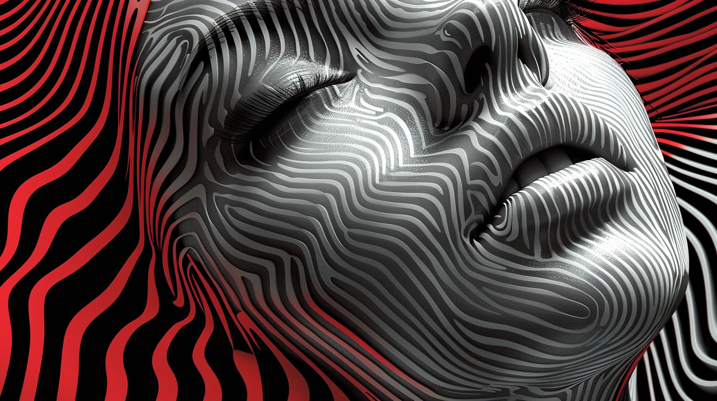 Prompt: A 3D vector artwork that mimics the style and colors of the original image, showcasing the figure with defined facial features. The undulating vertical stripes, alternating between the original stark blacks and soft grays, envelop the design. The crimson bursts from the original palette accentuate the depth, emphasizing the hypnotic and elusive ambiance. --ar 16:9 --sref https://s.mj.run/mIfEL4XoeqQ --stylize 1000