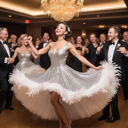 Prompt: In a glittering ballroom with sparkling chandeliers and a polished dance floor, a vivacious woman takes center stage. Dressed in a shimmering evening gown with sequins and feathers, she exudes confidence and glamour. Her hair is styled in a classic updo, and her makeup is flawless, highlighting her radiant smile.

Around her, a diverse group of people gather, eager to join in the dance. Couples twirl gracefully, their movements synchronized to the infectious beat of "Dancing Queen." The atmosphere is filled with joy and excitement, as everyone lets loose and embraces the moment.

On the stage, a live band plays, adding to the energy of the room with lively music and catchy melodies. The crowd sings along, celebrating the timeless appeal of the song and the joy of dancing the night away.

Overall, the scene captures the essence of "Dancing Queen," celebrating the fun and freedom of letting go and enjoying the magic of music and dance.