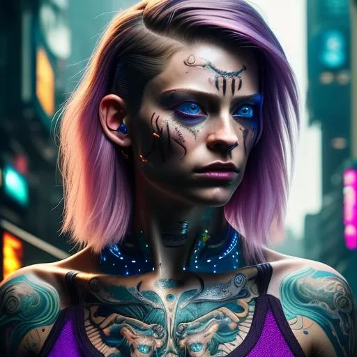 Prompt: ((best quality)), ((masterpiece)), ((realistic)), (detailed), woman, sfw, cyberpunk fashion, detailed background, bioluminescent tattoos, nose ring, long hair, Short pixie with straight hair and undercut, big blue eyes, (looking at viewer:1. 2), (high angle shot:1. 3), colorful tattoos, blue and pink hair, detailed background, in the night city, portrait, smiling, seductive look, night, close up face shot, soft lights, 8k, realistic, 105mm, bokeh, raytracing, focus face, splash page, tonemapping