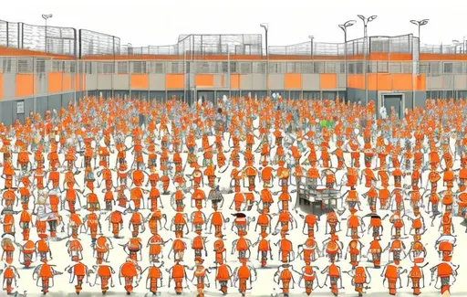 Prompt: Recreate a Where's Waldo image where everyone is in a large prison yard and everyone is wearing orange jumpsuits.  Do not include the traditional red and white waldo costume.  Add Donald Trump's face to Waldo.  Color Donald Trump's face orange like the jumpsuits.