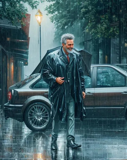 Prompt: HD, , 8k, high quality, oil painting, hyper realism, Very detailed, full, man enjoying the rain,