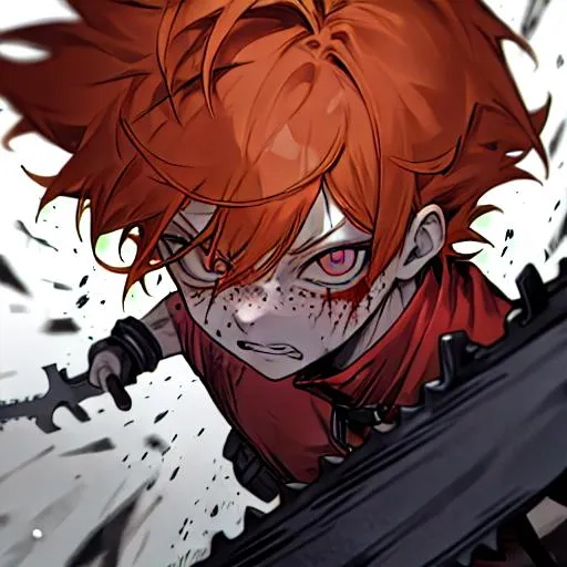 Prompt: Erikku male adult (short ginger hair, freckles, right eye blue left eye purple) UHD, 8K, Highly detailed, insane detail, best quality, high quality, fighting with a chainsaw, covered in blood