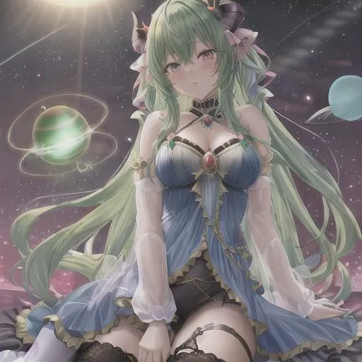 Prompt: synthetic anime male glow hot scary with horns devil artificial magical with planets in the solarsystem universe tall alien 
french kissing female goddess in a green fairy dress 