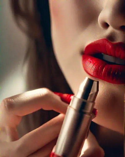 Prompt: A close cropped shot of someone applying red lipstick, focused intimately on the mouth. Soft even lighting flatters the colors. With the style of classic cosmetics advertisements.