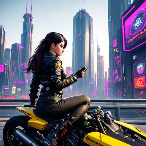 Prompt: Capture a riveting high-resolution portrait of a young woman immersed in a cyberpunk universe, seated on the hood of a Quadra Type-66 Avenger a futuristic car from the game Cyberpunk 2077. The picture is taken from behind, focusing on her and the vast cityscape that unfurls in front of her.

She sports a high-collar jacket reminiscent of the iconic style from Cyberpunk 2077, her silhouette illuminated by the vibrant neon city lights. Her look should personify the fusion of the past, present, and future - a living embodiment of the cyberpunk genre.

The Quadra Type-66 Avenger, a symbol of a bygone era, sits majestically on a hill, its classic lines infused with modern, cybernetic alterations. It overlooks a sprawling cityscape bristling with towering skyscrapers, their heights adorned with holographic billboards flashing relentless advertising.

The shot is set at night, embodying the quintessential cyberpunk atmosphere. The city's glow, tinged with neon blues, pinks, and purples, casts an ambient light over the scene. Capture this light in detail, highlighting the interplay between the metallic surfaces of the Mustang and the woman's clothing, and the vibrant cityscape.

Foreground elements, like the woman and the Mustang, should be as detailed as the cityscape in the background. The photo must capture the stark contrast between the quiet stillness of the woman and her vintage car, and the bustling, high-tech city beneath.

Ensure to apply the highest professional photographic standards, with sharp detailing of the subject's facial features and clothing, the Mustang's cybernetic modifications, and the city's intricate architecture. The image should encapsulate a cyberpunk narrative - a world where high-tech meets low life, depicted in a solitary moment on a hill overlooking a city of neon dreams.