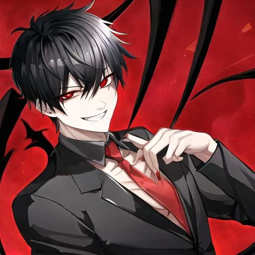 Prompt: Damien as a demon (male, short black hair, red eyes) grinning seductively