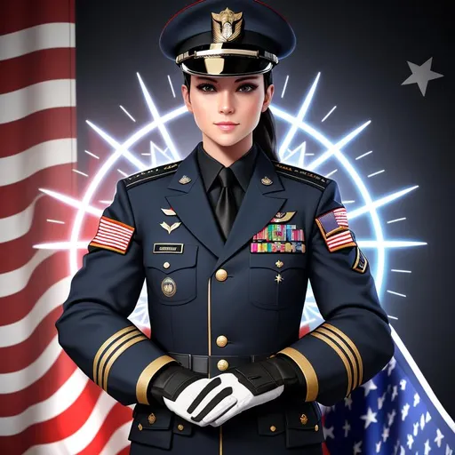 Prompt: (((a manifestation of a U.S. Military AI agent, proud, impressive, friendly))), ((United States of America logo)), ((United States of America color scheme)), a virtual military academy, (((hyper photorealistic))), (((12K resolution))), (((hyper quality))), (((hyper-detailed))), (((12K raytracing))), ((realistic lighting)), ((realistic shadows)), ((realistic textures)), (realistic reflections), ((depth of field)), full body view