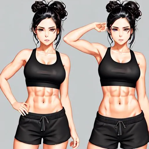 Prompt: extremely realistic, hyperdetailed, black wavy hair in a messy bun anime tomboy, face full of freckles, wears cropped top, wears dolphins shorts, toned body, showing abs midriff, highly detailed face, highly detailed eyes, highly detailed body, full body, whole body visible, full character visible, soft lighting, high definition, ultra realistic, 2D drawing, 8K, digital art