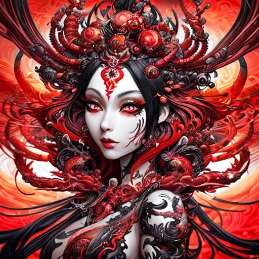 Prompt: Beautiful chaos goddess covered in arrows with detailed red an black features in erupting nonsense filled with illuminating twists, shrimp, by anna dittmann, digital painting, extreme detail, 4k, ultra hd, hyper detailed, colorful, wlop, digital painting, random items covered skin, Anime Face, Sharp Focus, Character Design, Wlop, Artgerm, Kuvshinov, Character Design, Unreal Engine, Vintage Photography, Beautiful, Tumblr Aesthetic, Retro Vintage Style, Hd Photography, Hyperrealism, Beautiful Watercolor Painting, Realistic, Detailed, Painting By Olga Shvartsur, Svetlana Novikova, Fine Art, Soft Watercolor