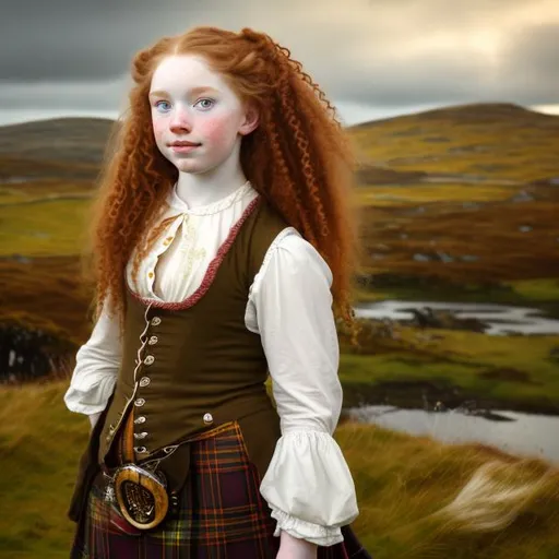 Prompt: Lass from scotland in 18th century,red curly long hair with yellow brown eyes, pale skin, with freckes, landscape scotland
Dressed with clothes from 1760 chubby face
 