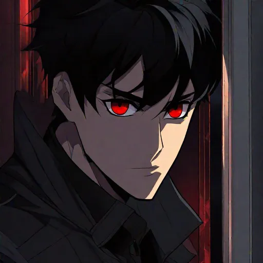 Prompt: Damien (male, short black hair, red eyes) staring out the window, stalking, sadistic look on his face