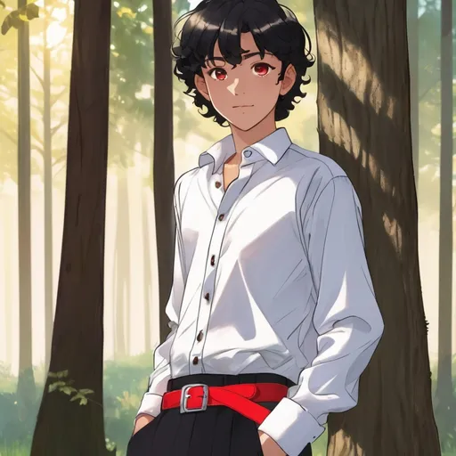 Prompt: Boy, 18 years old, tanned skin, black pants, white buttoned up longsleeve shirt, bright red silk wide belt thingy around waist, black shiny shoes, short cut curly black hair, almond brown eyes, warm smile on face, leaning up against a tree in a sunny forest