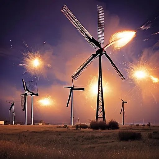 Prompt: An alternate reality, windmills exploding