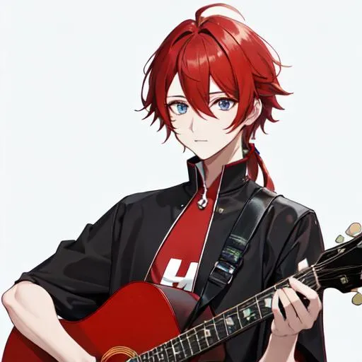 Prompt: Zerif 1male (Red side-swept hair covering his right eye) playing the guitar