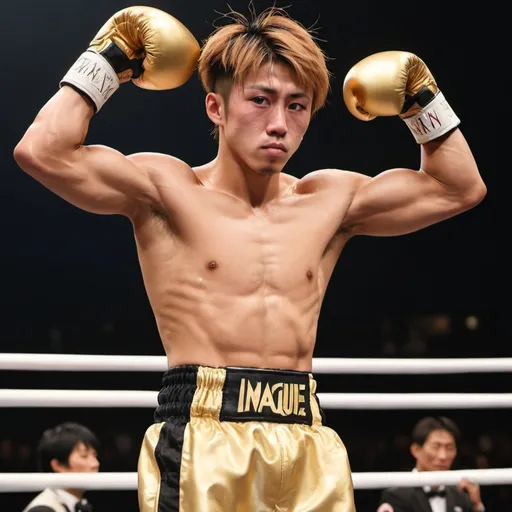 Prompt: Imagine a Japanese sportsmen resembling Naoya Inoue with golden and brownish hair, with an incredibly muscular physique. Hes wearing big boxing gloves. He's raising both of his strong arms to show off his armpits.