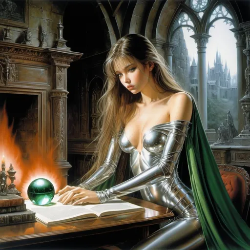 Prompt: Hajime Sorayama, Luis Royo, Surrealism Mysterious strange fantasy. A beautiful girl with long brown hair, a light transparent cape and a perfectly voluminous body. A burning fireplace in a dark castle hall emits a reddish light. A table littered with old tomes, a magical crystal ball glowing green. oppressive atmosphere. detailed masterpiece