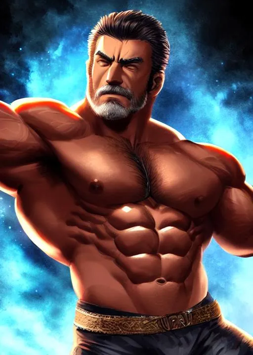 Prompt: masculine bodybuilder, detailed aged face, dark hair with graying temples, masterpiece digital painting, Esteban Maroto, dynamic pose and angle, center frame, looking at camera, medium shot, symmetrical form, even skin tone, intricate detail, best quality art, uhd, 8k