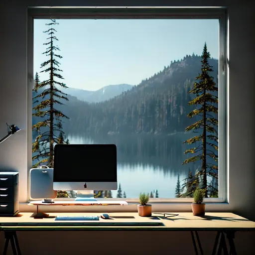 Prompt: photograph of an office with Mac Pro computer on a desk in front of a window facing onto a Mountain View with lakes and pine trees