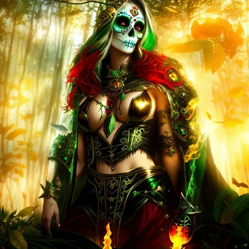 Prompt: Fantasy, cinematic, Epic, 3D, HD, {Beautiful Sugarskull}female as Sorceress, liquid gold green silver red black, expansive Magical Forest background, freeform dark chaos, hyper realistic, 8K --s98500