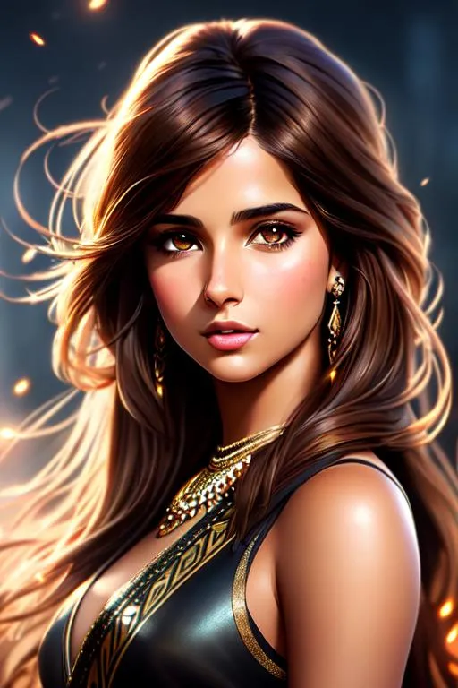Prompt: portrait of Brown Hair Beautiful naomi scott with Air Magic, parted bangs, Elegant, Romantic, as a tribal warrior, HDR, full body, High Definition, cinematic,  dynamic light, hyperrealism, definition, glowing eyes, facial symmetry  by Ilya Kuvshinov