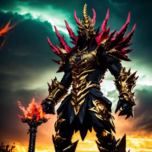 Prompt: (mega garuda dragon detailed) (4x+anime) gold garuda god standing, 100 feet tall, (black and red armor) (Black and red lightning blot imprint) black and red lightning skies. large sword in his hand, burning city behind,
deformed fingers, deformed hands, cropped, worst quality, low quality, jpeg artifacts, out of frame, watermark, signature, deformed, ugly, mutilated, disfigured, text, extra limbs, face cut, head cut, extra fingers, extra arms, poorly drawn face, mutation, bad proportions, cropped head, malformed limbs, mutated hands, fused fingers, long neck, illustration, painting, drawing, art, sketch, long hair, fused limb, wings, morphed face, multiple legs, 