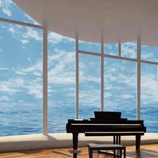 Prompt: colour photo of a grand piano above the ocean, natural sunlight, 3d blender render, asymmetrical, physically based rendering, crisp quality and light reflections, 50mm lens