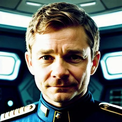 Prompt: Martin Freeman as a sci-fi spaceship captain, with a vintage moustache
