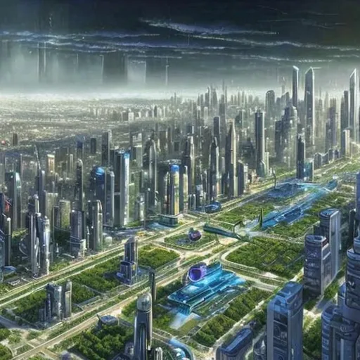 Prompt: future city with big buildings and green enviroment with cars, year 2050. 