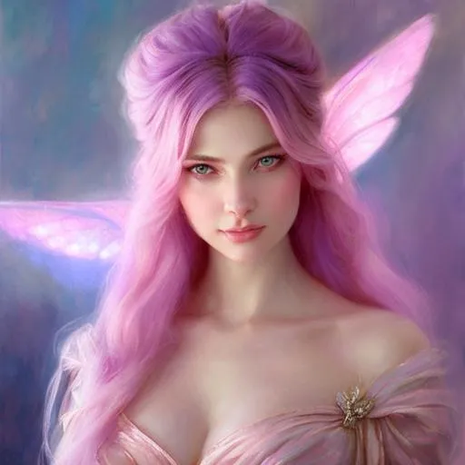 Prompt:     Magical Female Fairy, pink wings, light pink hair, purple eyes, perfect features, extremely detailed, realistic. Krenz Cushart + loish +gaston bussiere +craig mullins, j. c. leyendecker +Artgerm, oil painting texture oil painting effect. 