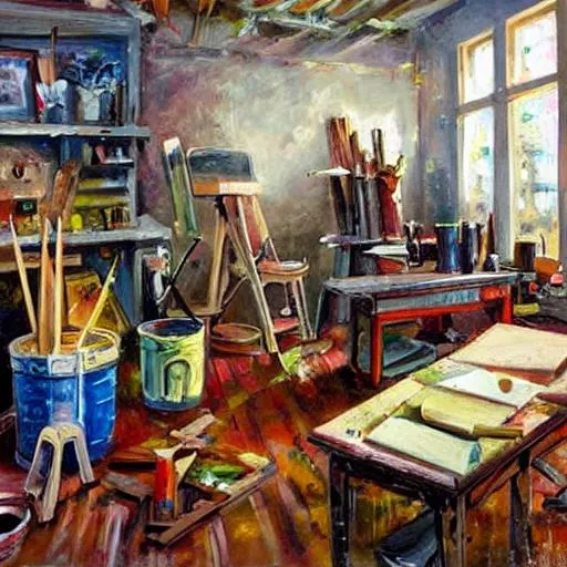 Prompt: A painting of a painter's workshop with paints and brushes laying all around