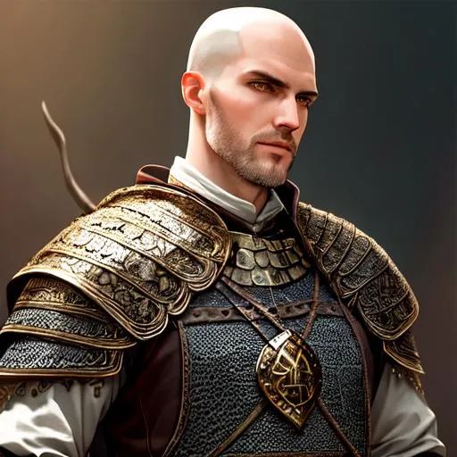 Prompt: fantasy, D&D, medieval, cleric, Tall man, slender, with pale yellow skin and brown eyes, and a shaved head, With a chainmail and spear on his back, UHD, 8k, high quality, ultra quality, perfect composition, trending art, trending on artstation, sharp focus, studio photo, intricate details, cinematic lighting, special effects, hyper realism, hyper realistic, oil painting, Very detailed, full body, full view of character, portrait
