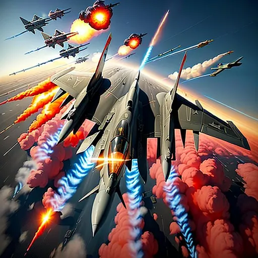 Prompt: Subject: "Highway to the Danger Zone"
Descriptions: A busy Highway on the ground with advanced Fighter planes soaring overhead, sleek and powerful, leaving trails of exhaust in the sky. Dynamic aerial maneuvers, intense dogfights, adrenaline-filled action.
Environment: Vast open sky, clouds swirling, sun setting in a fiery explosion of colors.
Mood/Feelings: Thrill, danger, excitement, urgency, patriotism.
Artistic Medium/Techniques: Digital illustration, bold color palette, strong contrasts, meticulous attention to detail.
Artists/Illustrators/Art Movements: Tom Cruise, Top Gun movie poster, 80s retro aesthetic, vaporwave, propaganda art.
Camera Settings: High-resolution digital camera, vibrant saturation, wide-angle lens, over the shoulder point of view.