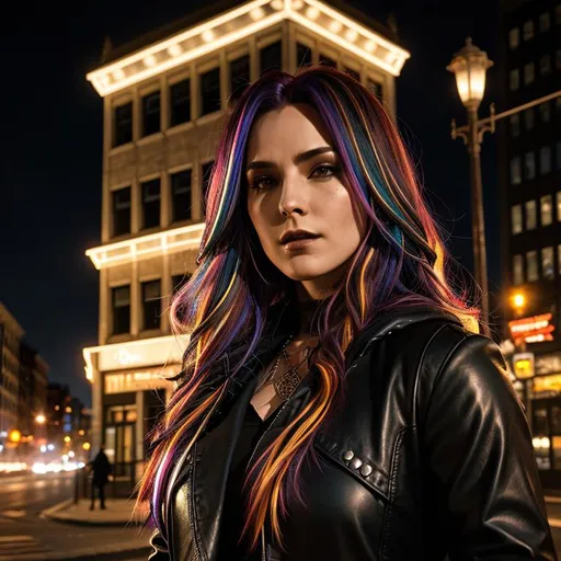 Prompt: Contemporary wizard inspired by "Dresden Files", wizard is a woman, multicolored hair, detailed symmetrical face, detailed comic book art style, city at night style background, well lit by street lights, vampire, real, alive, real skin textures,