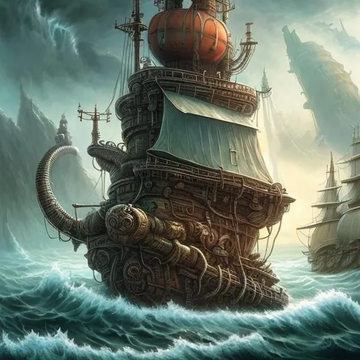 Prompt:  fantasy art style, painting, sea, smog, fog, deep ocean, Norse, Norse mythology, ancient, pirates, pirate ship, dome, glass dome, waves, mist, naval ship, dystopian, warship, biological mechanical war machine, war machine, tubes, pipes, warship, snakes, serpents, eels 