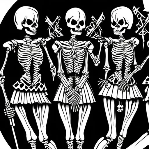 Prompt: Please draw a picture of a well dressed skeleton dancing with 2 blonde gorgeous women wearing black leather skirts
